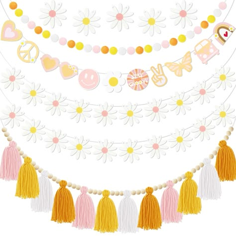 PRICES MAY VARY. Daisy Groovy Boho Party Decoration -- You will get 5 pieces daisy party decoration garland including 1 pom poms garland, 2 felt daisy garland, 1 felt retro hippie banner, 1 boho tassel garland with wood beads. Retro Room Decor -- Inspired by Rainbow, daisy, retro bus, butterfly, peace sign. Retro, classic, warm, pink, room decor. Materials -- Hippie groovy banner and daisy garlands are made of high-quality felt, lightweight and reusable. Natural cotton and wood Boho tassel garla Tassel Garland Decor, Boho Tassel Garland, Flower Party Decorations, Groovy Party, Boho Party Decorations, Daisy Party, Hippie Party, Daisy Petals, Felt Banner