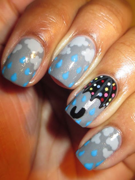 Fairly Charming: Little April Showers Umbrella Nails, April Nails, Easter Nail Art, Best Nail Art Designs, Spring Nail Art, Nails Manicure, Beach Nails, April Showers, Easy Nail Art