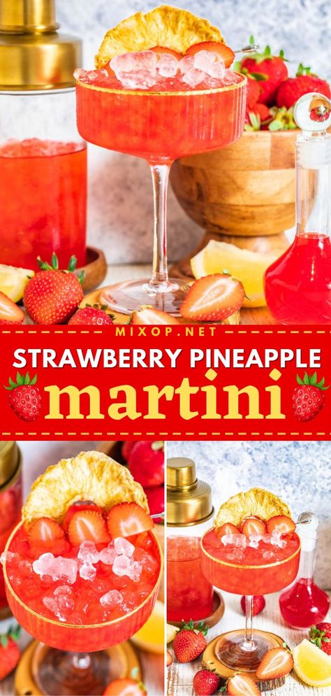 Everyone will love this Strawberry Pineapple Martini! This alcoholic drink recipe is easy to prepare. With its beautiful color and refreshing tropical flavor, this gin martini cocktail will be the highlight of your party! Save this fun cocktail recipe! Strawberry Pineapple Cocktail, Frozen Martini Recipes, Martini Recipes Fruity, Minnie Mouse Cocktail, Easy Fruity Alcohol Drinks Simple Cocktail Recipes, Fruity Alcohol Drinks Easy, Fruity Martini Recipes, Martini Party Ideas, Fun Martini Recipes