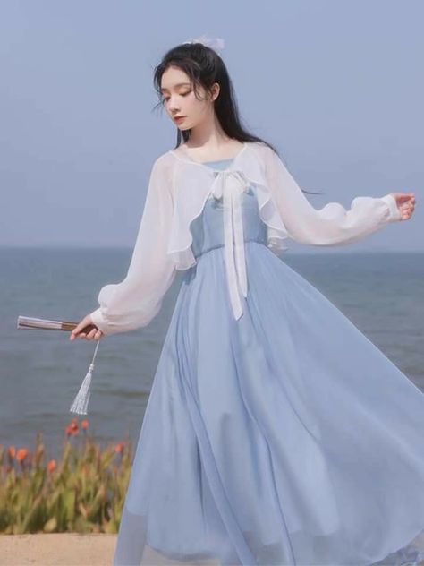 Blue White Dress Outfit Classy, Light Blue Picnic Dress, Dress Cute Korean, Blue Tea Dress, Korean Fashion Blue, Soft Dresses, Beautiful White Dresses, Korean Fashion Dress, Fairytale Dress