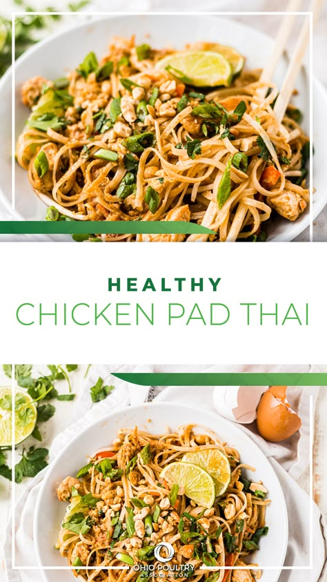 Healthy Dinner Recipes Thai, Healthier Pad Thai, Easy Healthy Dinner Recipes Casseroles, Healthy Thai Chicken Recipes, Thai Food Meal Prep, Healthy Shareable Meals, Low Calorie Chicken Pad Thai, Healthy Thai Recipes Clean Eating, Meal Prep Pad Thai