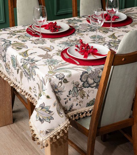 How To Make No Sew Trim Tablecloth Online | JOANN Christmas Tablecloth Ideas, Home Craft Projects, Tablecloth Ideas, Dining Room Tablecloth, Sew Christmas, Craft Project Ideas, Custom Table Cloth, Holiday Tablecloths, Martha Stewart Crafts