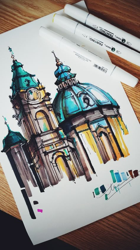 Alcohol Markers Architecture, Ohuhu Markers Art, Alcohol Marker Drawings, Alcohol Markers Art, Copic Marker Drawings, Art Markers Drawing, Markers Drawing Ideas, Pen Art Work, Architecture Drawing Sketchbooks