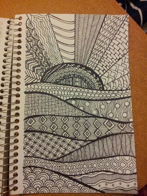 I like the flowing lines that seperate the different patterns  #zentangle Sunset Doodle, Modele Zentangle, Pattern Practice, Arte Doodle, Zen Tangles, Zentangle Designs, Doodle Inspiration, Abstract Drawing, Tangle Art