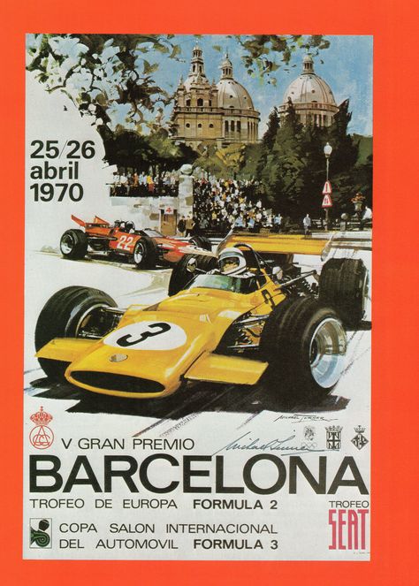 Barcelona GP 1970 | Motor Racing Poster Artwork Motorsport Poster, Auto Racing Posters, Vintage Racing Poster, Grand Prix Posters, Motorsport Art, Sports Posters, F1 Poster, Course Automobile, Automotive Artwork