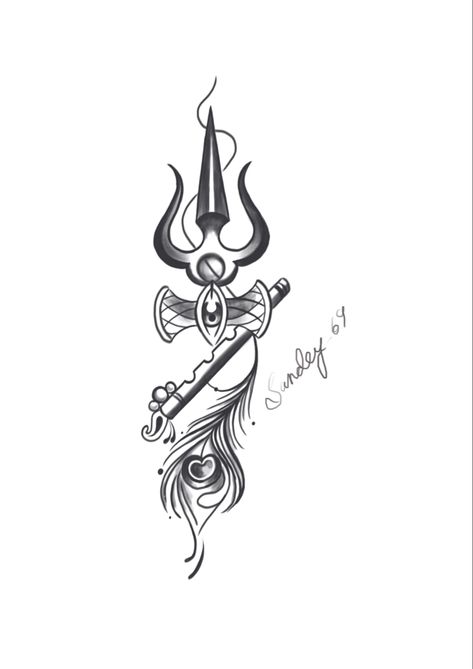 Trishul With Peacock Feather Tattoo, Trishul Flute Tattoo, Krishna And Shiva Together Tattoo, Shoolam Tattoo Design, Krishna Shiva Tattoo, Tattoo Ideas Shiva, Shiv Krishna Tattoo, Shiv And Krishna Together Tattoo, Krishan Ji Tattoo Design