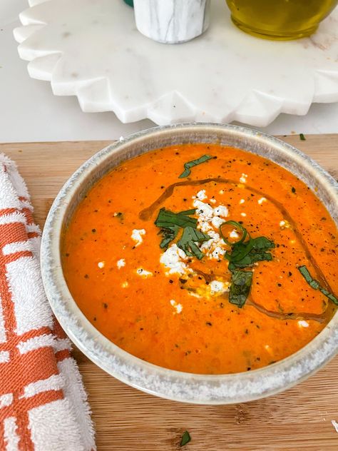 Roasted Red Pepper & Goat Cheese Soup — sauceyrosie Tomato Feta Soup, Goat Cheese Soup, Roasted Red Pepper Goat Cheese, Red Pepper Goat Cheese, Feta Soup, Bell Pepper Soup, Bisque Soup, Roasted Red Pepper Soup, Red Pepper Soup