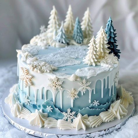 Snow Cake Design, Yeti Birthday Cake, 1st Birthday Cake Winter, Winter Wonderland Party Cake, Winter Cookie Cake Ideas, Winter Snowflake Cake, Skiing Birthday Cake, Winter Themed Cakes Birthday, Winter Forest Cake