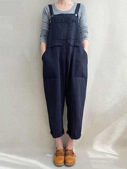 Blue Pockets Detail Overall Loose Overalls, Harem Jumpsuits, Solid Jumpsuit, Loose Jumpsuit, Suspender Pants, Casual Rompers, Casual Jumpsuit, Jumpsuit Fashion, Romper Pants