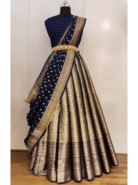 Saree Ghagra Style, Blue Colour Half Sarees, Two Saree Lehenga, Half Saree Lehenga Blue, South Indian Bridal Outfits, Royal Blue Half Saree, Bridal Lehanga Designs Latest For Women, Navy Blue Half Saree, Tissue Pattu Lehenga