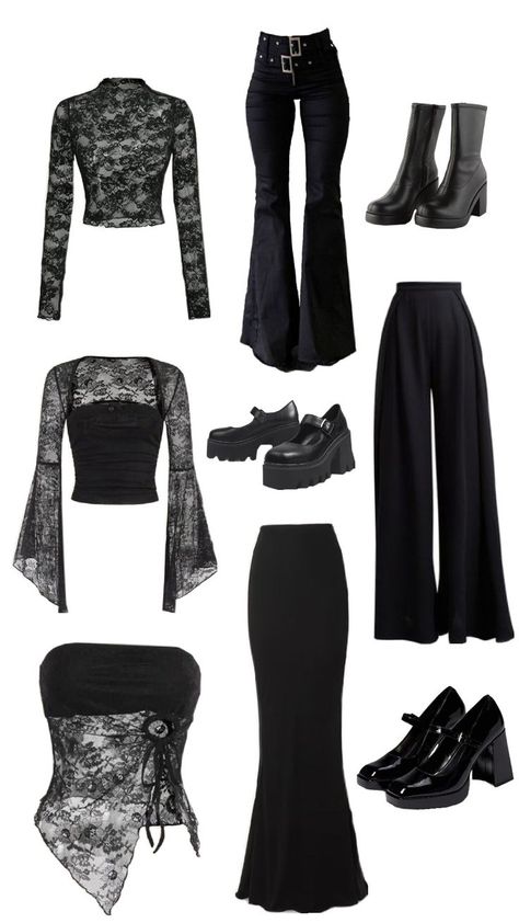 #outfits #blackfits #gothic #shoes #tops #lace #aesthetic Goth Outfit Halloween, Grunge Gothic Outfits, Gothic Inspo Outfits, Lace Goth Outfit, Gothic Date Outfit, Whimsigoth Basics, Gothic Concert Outfit, Gothic Christian Aesthetic, Different Goth Styles