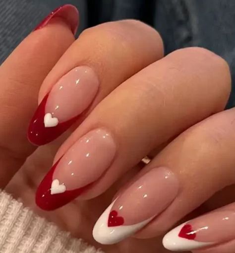 Nails For Ball Gown, Red Nail White French Tip, Acyrilics Nails Christmas, Simple Valentines Day Nails Medium Length, Jelly Red Nails Design, Red French Tip Nails Almond Valentines, Red Nails With A Heart, Heart Cutout Nails, Simple Red Nail Art