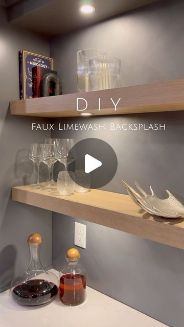 Ally • Home Decor & Inspo on Instagram: "Faux lime wash backsplash, anyone??? I went back and forth on what to do for our new bar—tile, wood accents, wallpaper, Roman clay, etc and I settled on a faux lime wash backsplash because (1) it was easy (2) very cost effective and the cheapest option and (3) it is so easy to change if I want to switch gears in the future! For the colors here, I color matched our cabinets and the second shade is just a little lighter. I probably went a little too light for that second shade so I did another coat of the darker paint so it wasn’t so dramatic, but you can easily play with it to get the look you want. Any questions? Comment below and follow for more!! #limewash #homebar #kitchenideas #moodybar #moodyvibes #kitchenreno #backsplashideas #back Limewash Backsplash, Faux Lime Wash, Roman Clay, Lime Wash Walls, Bar Tile, Lime Wash, Tile Wood, Washing Walls, Dining Room Interiors