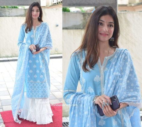 divya khosla kumar ganesh puja blue white palazzo suit 2 scaled e1599063953889 Ganesh Puja Outfit For Women, Blue And White Kurti Design, Puja Outfits For Women, Divya Khosla Kumar Suits, Blue Suits Women Indian, Divya Khosla Kumar, Latest Traditional Dresses, Divya Khosla, Simple Indian Suits