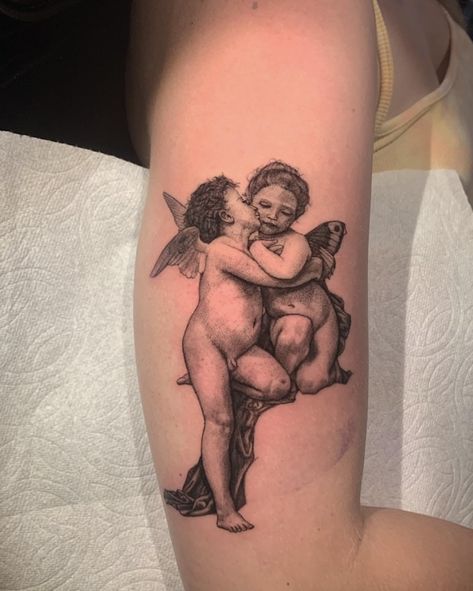 Cupid And Psyche Tattoo, Psyche Tattoo, Poker Tattoo, Cupid Tattoo, Cherub Tattoo, Remembrance Tattoos, Cupid And Psyche, Angel Tattoo Designs, Painting Tattoo