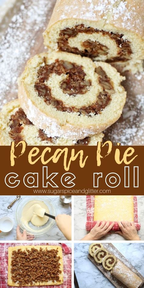 Pecan Cake Roll Recipe, Thanksgiving Jelly Roll Cake, Swiss Roll Cake Filling, Holiday Roll Cake, Jellyroll Cake Recipes, Fall Cake Roll, Roll Cakes Recipe, Roll Cake Ideas, Jelly Roll Cake Recipe