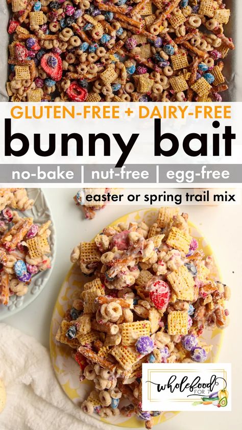 Gluten-free Dairy-free Bunny Bait - No-bake, egg-free, nut-free, EASY. A fun Easter or spring trail mix, snack, or treat. Dairy Egg And Nut Free Recipes, Gluten Dairy Egg Nut Free Recipes, Gluten Free Dairy Free Chex Mix Recipes, Healthy Trail Mix For Kids, Nut Free Trail Mix For Kids, No Nut Trail Mix Recipes, Nut Free Trail Mix, Gluten Free Snacks For Kids, Easter Trail Mix