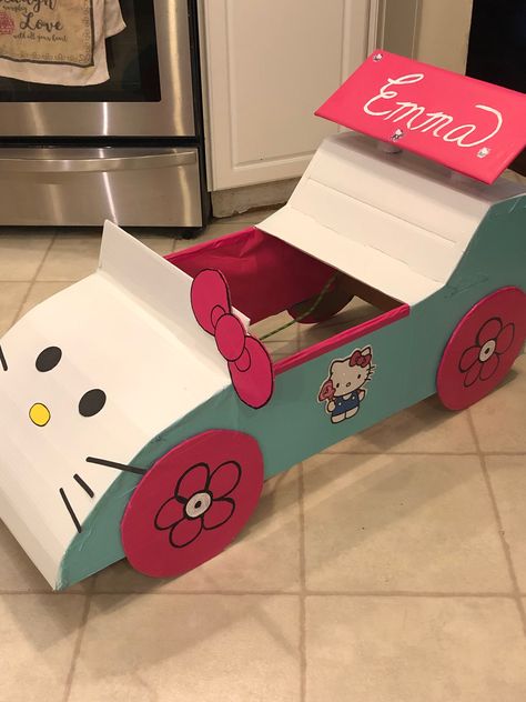 Barbie Cardboard Box Car, Cardboard Box Car Ideas, Cardboard Cars For Kids Drive In, Kindy 500, Kindy 500 Cars Cardboard Boxes, Diy Birthday Crown, Cardboard Box Car, Cardboard Crafts Kids, Hello Kitty Car