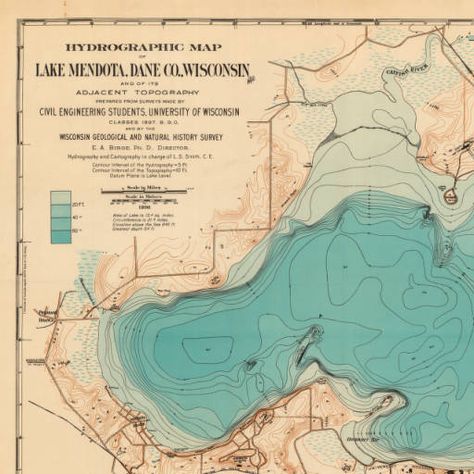 Hydrographic map of Lake Mendota, Dane Co., Wisconsin, and of its adjacent topography :: Maps and Atlases in Our Collections Data Map, Lake Girl, Uw Madison, Glass Coaster, University Of Wisconsin, Old Maps, Topographic Map, Lake Superior, Outdoor Art