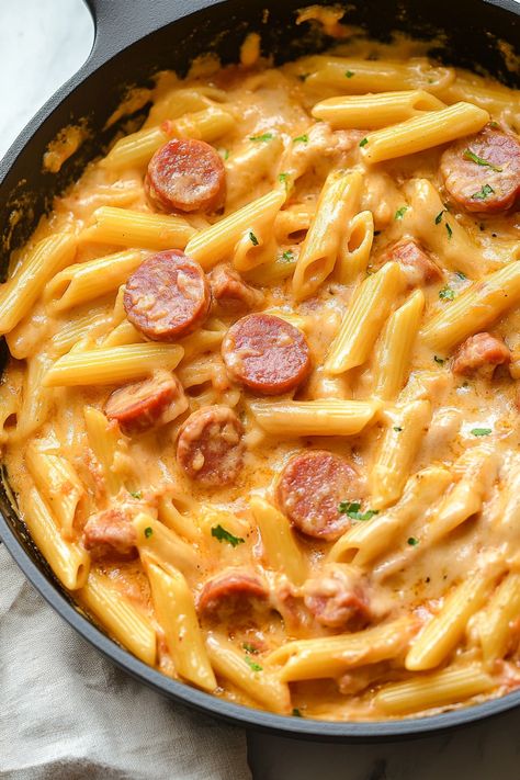 Spicy Kielbasa Pasta, Recipes With Portuguese Sausage, Dinner Ideas Kielbasa, Kalbasa Sausage Recipes, Kabasa Sausage Recipes, Pasta Sausage Recipes, Cheesy Kielbasa Pasta, Kielbasa Pasta Recipes, Cheesy Kielbasa