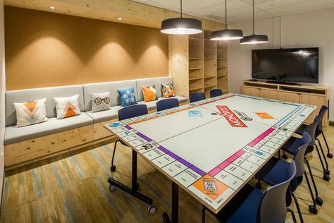 Monopoly Interior Design, Small Board Game Room, Boardgame Cafe Design, Boardgame Room Idea, Fun Game Room Ideas, Activity Room Ideas For Adults, Entertainment Room Ideas Family, Board Game Room Design, Board Games Room