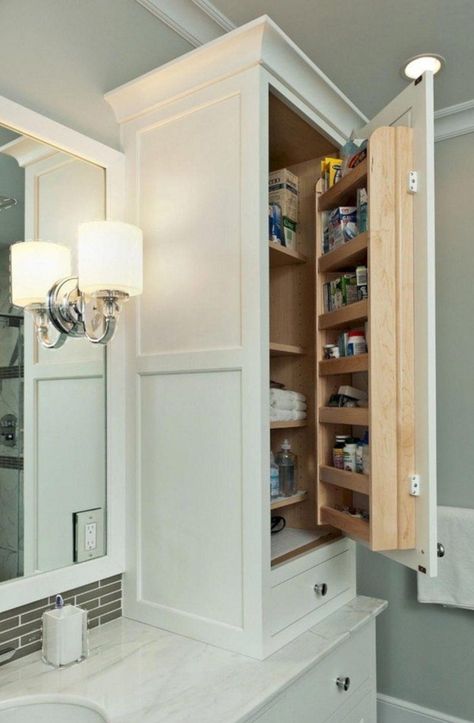 Cabinet Next To Bathroom Vanity, Built In Bathroom Cabinet Ideas, Single Sink Bathroom Vanity With Tall Side Cabinet, Bathroom Tall Cabinet Ideas, Single Vanity With Storage Tower, Vanity With Upper Cabinets, Bathroom Storage Cabinet Built In, Bathroom Vanity With Tall Side Cabinet, Bathroom With Vanity Area