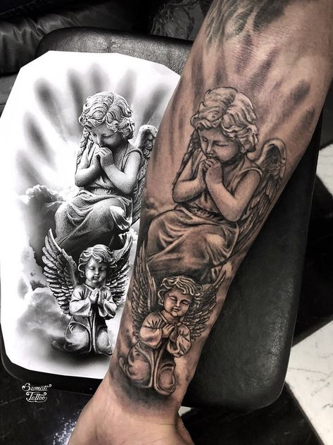 Concrete Angel Tattoo, Angel Half Sleeve Tattoo For Women, Cherub Hand Tattoo, Angle Tattoo For Men, Forearm Tattoo Men Sleeve, Tattoo Men Sleeve, Angel Sleeve Tattoo, Angle Tattoo, Arm Tattoos For Guys Forearm