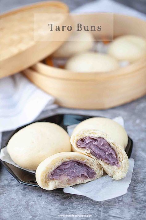 Taro Recipes Food, Taro Bun Recipe, Taro Bun, Taro Buns, Taro Recipes, Taro Cake, Steamed Bread, Turnip Cake, Sweet Red Bean