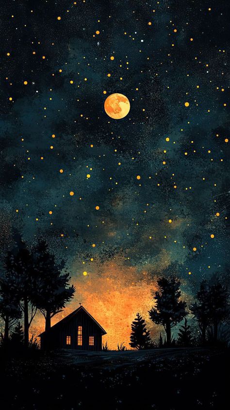 Building At Night Painting, Night Sky Moon Painting, Night Drawing Moonlight, Night Sky Art Painting, Star Night Painting, Nocturne Paintings, Night Landscape Painting, Windows At Night, Stars Landscape