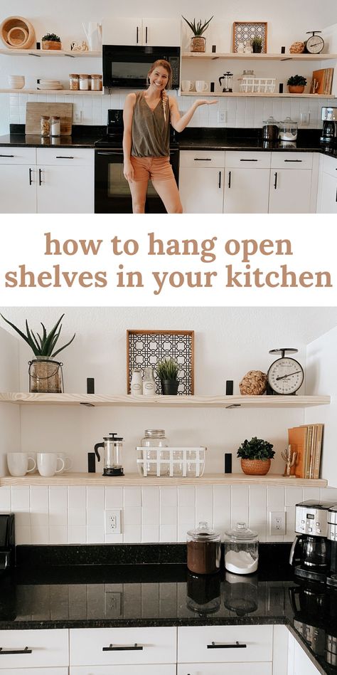 Diy Open Shelving Kitchen, Kitchen Open Shelf, Shelving In Kitchen, Diy Open Shelving, Kitchen With Open Shelving, Kitchen Open Shelves, Kitchen Shelf Decor, Diy Kitchen Renovation, Open Kitchen Shelves