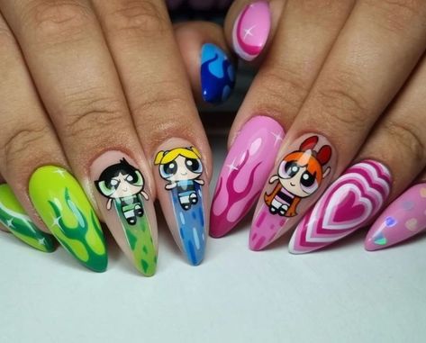 Nail Designs Tie Dye, Character Nails, Oval Nails Designs, Disney Acrylic Nails, Girls Nail Designs, Nails Colorful, Power Puff Girls, Nail Art Designs Images, Purple Acrylic Nails