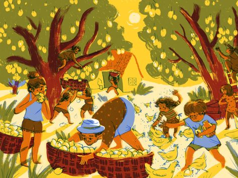 Summertime mango picking by Danica Da Silva Pereira Myanmar Drawing, Mango Illustrations, Holi Drawing, Farmer Painting, Pinoy Dessert, Memory Drawing, Fruit Picking, Inspirational Illustration, Community Activities