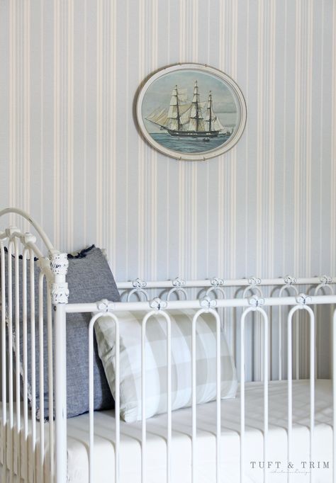 Home New England Style Nursery, Nautical Boys Room, Nautical Boy Room, Timeless Nursery, Navy Throw Pillows, Navy Throw, Peony Fabric, Welcome To My Home, Boys Nursery