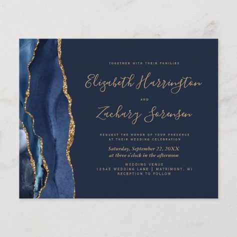 Dark Wedding Invitations, Navy Blue And Gold Wedding, Square Wedding Invitations, Navy Blue Watercolor, Blue Gold Wedding, Elegant Modern Wedding, Agate Wedding, Afternoon Wedding, Wedding Invitation Size