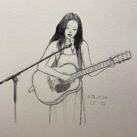 Pencil Art Drawings Kpop, Singing Face Drawing, Otto Art Instagram, Girl Singing Drawing, Guitar Aesthetic Drawing, The 1975 Drawing, Singing Doodle, Whole Body Sketch, Singing Sketch