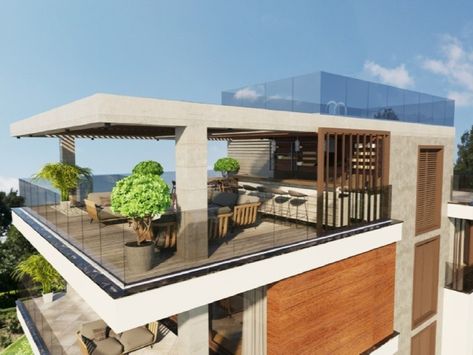 Terrace Studio Apartment, Rooftop Design House Simple, Roof Top Glass House Design, Rooftop Terrace Design Glass House, Glass Roof Design Rooftops, Rooftop Garden Ideas, House Plan With Rooftop Deck, Rooftop Ideas, Rooftop Patio Design