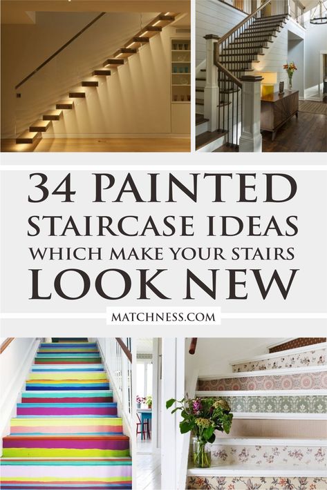 35 Painted Staircase Ideas which Make Your Stairs Look New ~ Matchness.com Stairwell Color Ideas, Painted Steps Ideas Staircases, Bannister Ideas Painted, Painted Staircase Ideas, Painting Wooden Stairs, Open Staircase Ideas, Painted Staircase, Stairs Colours, Open Living Room Design