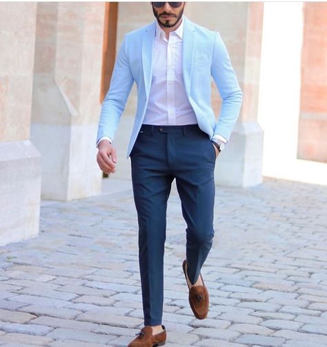 Blue Blazer Outfit Men, Men Vest Outfits, Blue Blazer Outfit, Business Casual Attire For Men, Stylish Mens Suits, Blazer Outfits Men, Smart Casual Menswear, Blue Suit Men, Slim Fit Mens Shirts