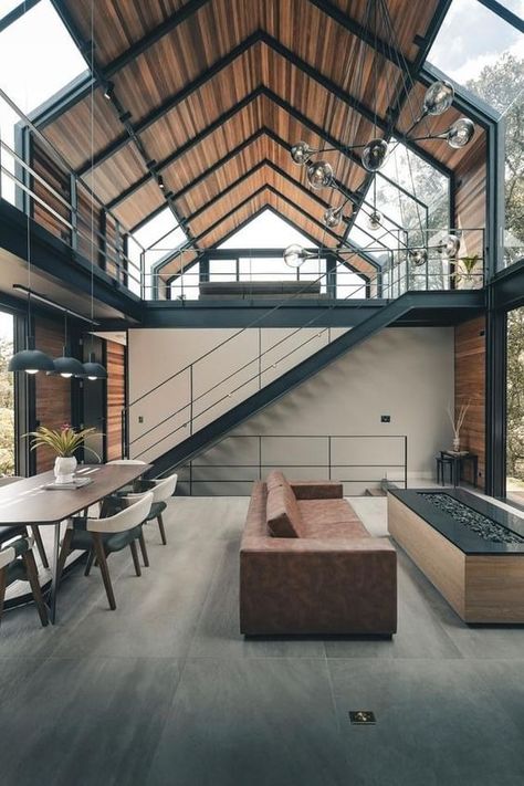 Steel Frame House, Modern Barn House, Minimal House Design, Loft House, Barn Style House, A Frame House, Loft Design, Steel House, Industrial House