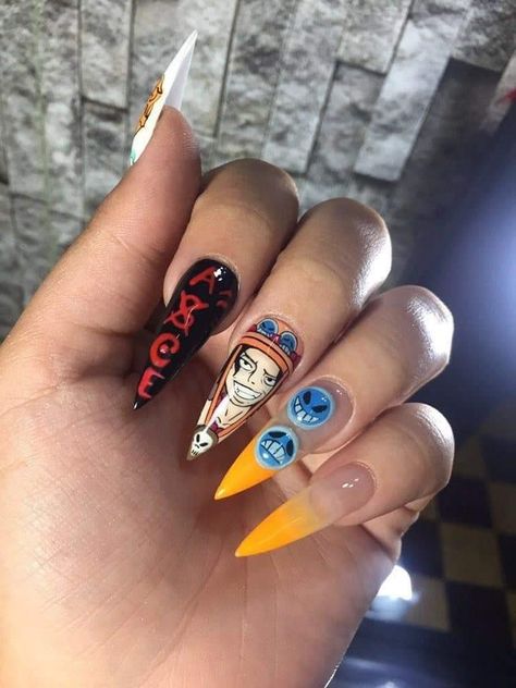 One Piece Acrylic Nails, Ace One Piece Nails, Ace Nails One Piece, One Piece Nail Art Luffy, Anime Inspired Nails One Piece, One Piece Nails Design, One Piece Inspired Nails, One Piece Nail Design, Zoro Nails