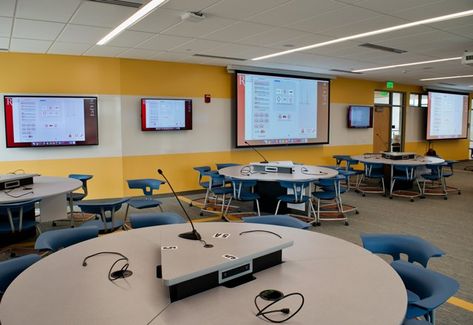 Active Learning Spaces | Digital Classroom Services Large Projector Screen, Active Learning Classroom, Atrium Windows, Student Images, Tiered Seating, Whiteboard Wall, Rolling Chair, Active Learning, Large Tables