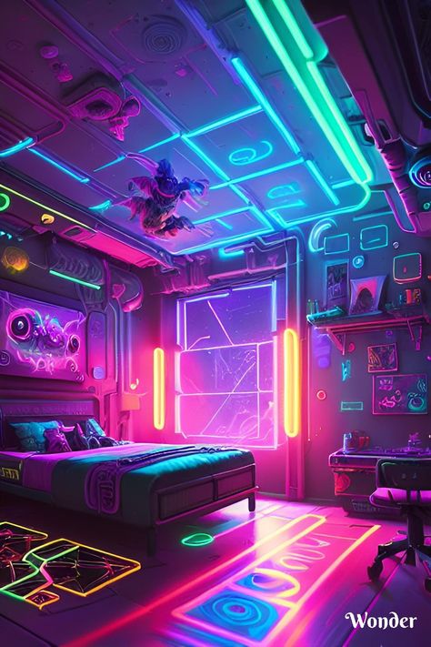 Pixel Sci Fi, Bedroom Cyberpunk, Cyberpunk House Interior, Retrofuturism Design, Cyberpunk Aesthetic Room, Cyberpunk Room Interiors, Punk Room Ideas, Black Lights Bedroom, Neon Cyberpunk Aesthetic