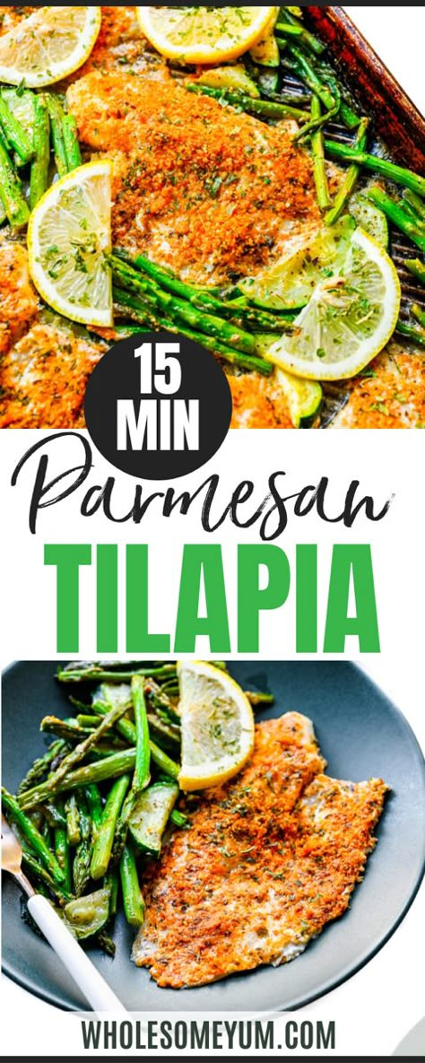 Parmesan Crusted Tilapia Sheet Pan Tilapia Recipes, Talipia Recipes Sheet Pan, Teriyaki Tilapia Recipes, One Pan Tilapia And Veggies, Tilapia Asparagus Recipes, Tilapia Recipes Baked Sheet Pan, Meal Prep With Tilapia, Talapia Ideas Meal Prep, Tilapia And Spinach Recipes