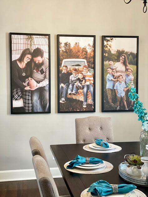 Smallwood Pictures Dining Room, Living Room Big Picture Ideas, Canvas Family Pictures Wall, Big Portraits On Wall Living Room, Large Print Family Photo Wall, Large Family Photo On Wall, Photo Wall Large Frames, Dining Room Canvas Wall Decor, Smallwoods Gallery Wall Dining Room