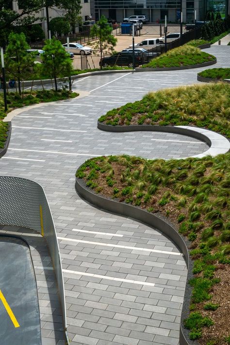 Curvilinear Pedestrian Path - Pedestrian Plaza in Downtown OKC | Photographer: Steve Ancik, lightwavesimages | Prime Landscape Architect: HFSD, Inc. --- #LandscapeArchitecture #urbandesign #pavingpattern #curvilinear #pedestrian #pedestrianplaza #curvydesign #landscapedesign #OklahomaCity #HFSD #landscaping #businessdistrict #visitOKC #landscapearchitect #DowntownOKC #HFSDinc #organicdesign #Project180 Pedestrian Path Design, Curvilinear Landscape Design, Pedestrian Plaza, Landscape Plaza, Skatepark Design, Downtown Okc, Plaza Design, Dumaguete, Pedestrian Walkway