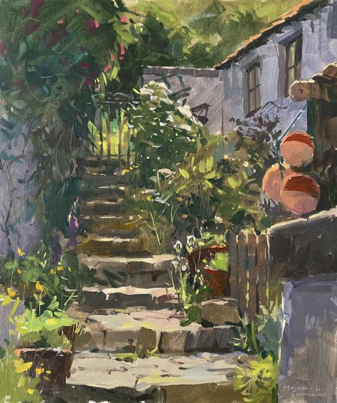 Easy Painting Projects, Architectural Paintings, Contemporary Figurative Art, Stone Steps, Italian Landscape, British Artists, Artsy Pictures, Landscape Art Painting, Architecture Painting