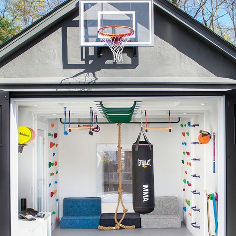 Play Area In Garage, Garage Converted To Playroom, Garage Play Area For Kids, Garage Flex Space, Garage Play Area, Garage Multipurpose Room, Garage Into Playroom, Garage Playroom Conversion, Fitness Room Ideas Home