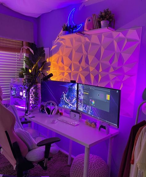 white setup pc computer purple setup Purple Setup Aesthetic, Purple And Green Pc Setup, Gaming Purple Aesthetic, Purple Pc Setup Aesthetic, Stream Desk Setup, Eclectic Gaming Setup, Gaming Room Setup Purple, Purple Setup Gaming, White And Purple Pc Setup