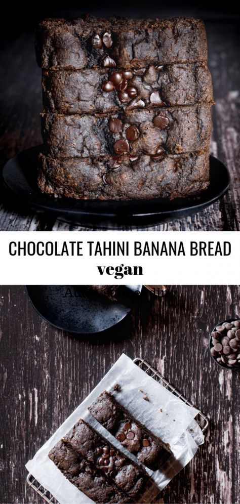 Vegan Chocolate Tahini Banana Bread/Resplendent Kitchen Tahini Banana Bread, Dessert Banana, Banana Bread Vegan, Vegan Chocolate Chips, Chocolate Tahini, Vegan Chocolate Recipes, Best Vegan Desserts, Baking Cookbooks, Vegan Chili