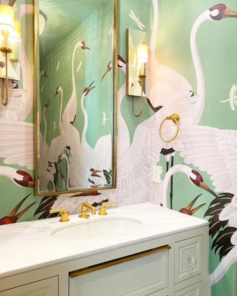 Hammond Wallpaper & Paint’s Instagram profile post: “It’s all @gucci. For real, this wallpaper is #gucci. Thanks, @alicelaneinteriors for trusting us with these cranes ✨ #wallpaperwednesday…” Transitional Powder Room, Luxe Bathroom, Wallpaper Paint, Flamingo Wallpaper, Powder Room Makeover, Downstairs Toilet, Powder Room Design, Bathroom Redo, Interior Designing